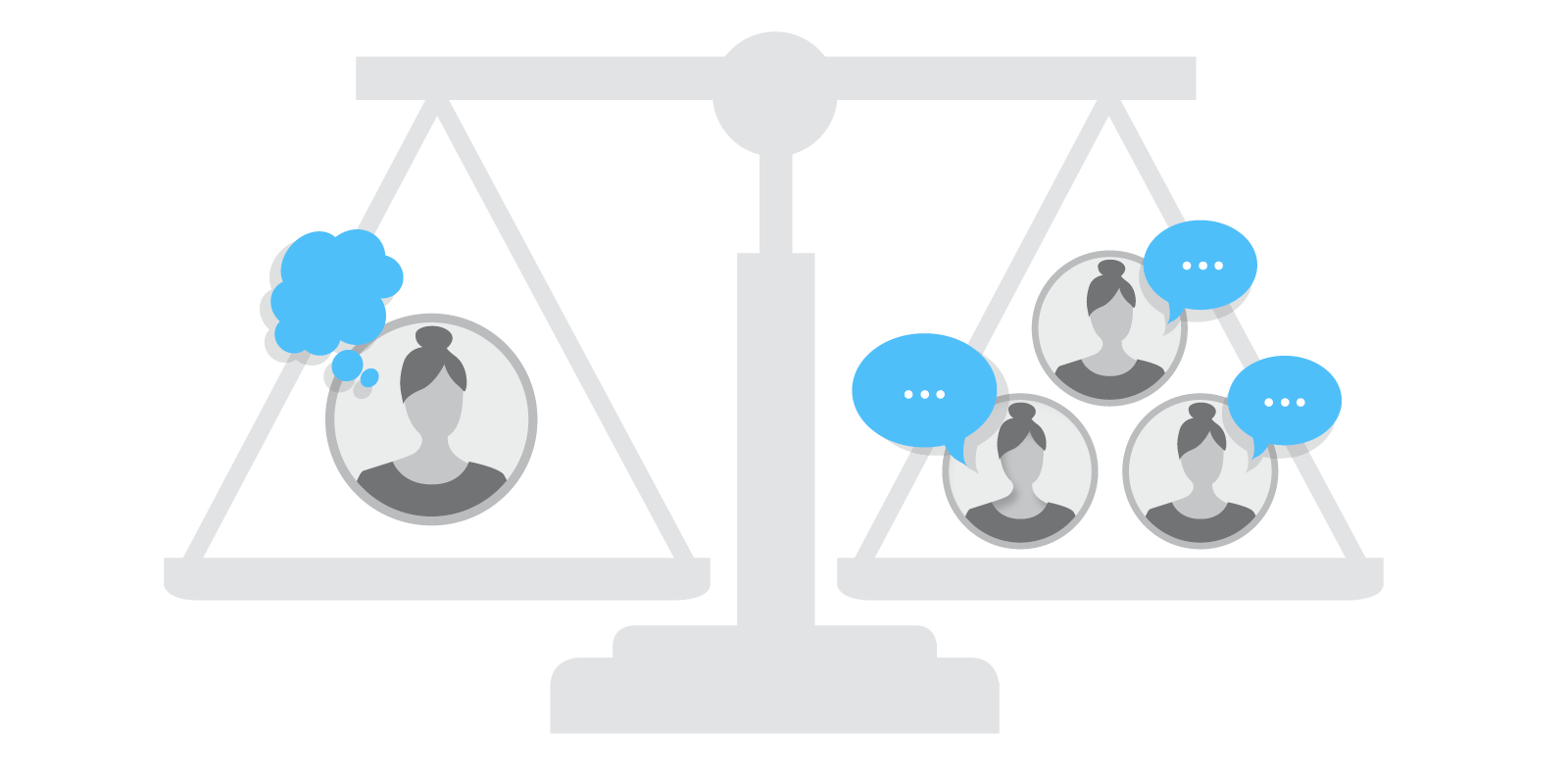 A scale with one professional on one side with a thought bubble, and three professionals with comment bubbles on the right side. The grey scale is in perfect balance.