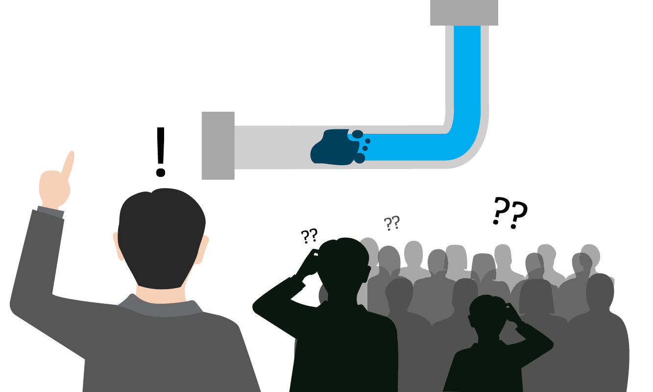 Modern learning initiative depicted in an image of a single individual realizing a solution and a crowd of dark shadows remaining confused. Water is pictured clogged in a pipe by debris and individual has idea of unclogging it.