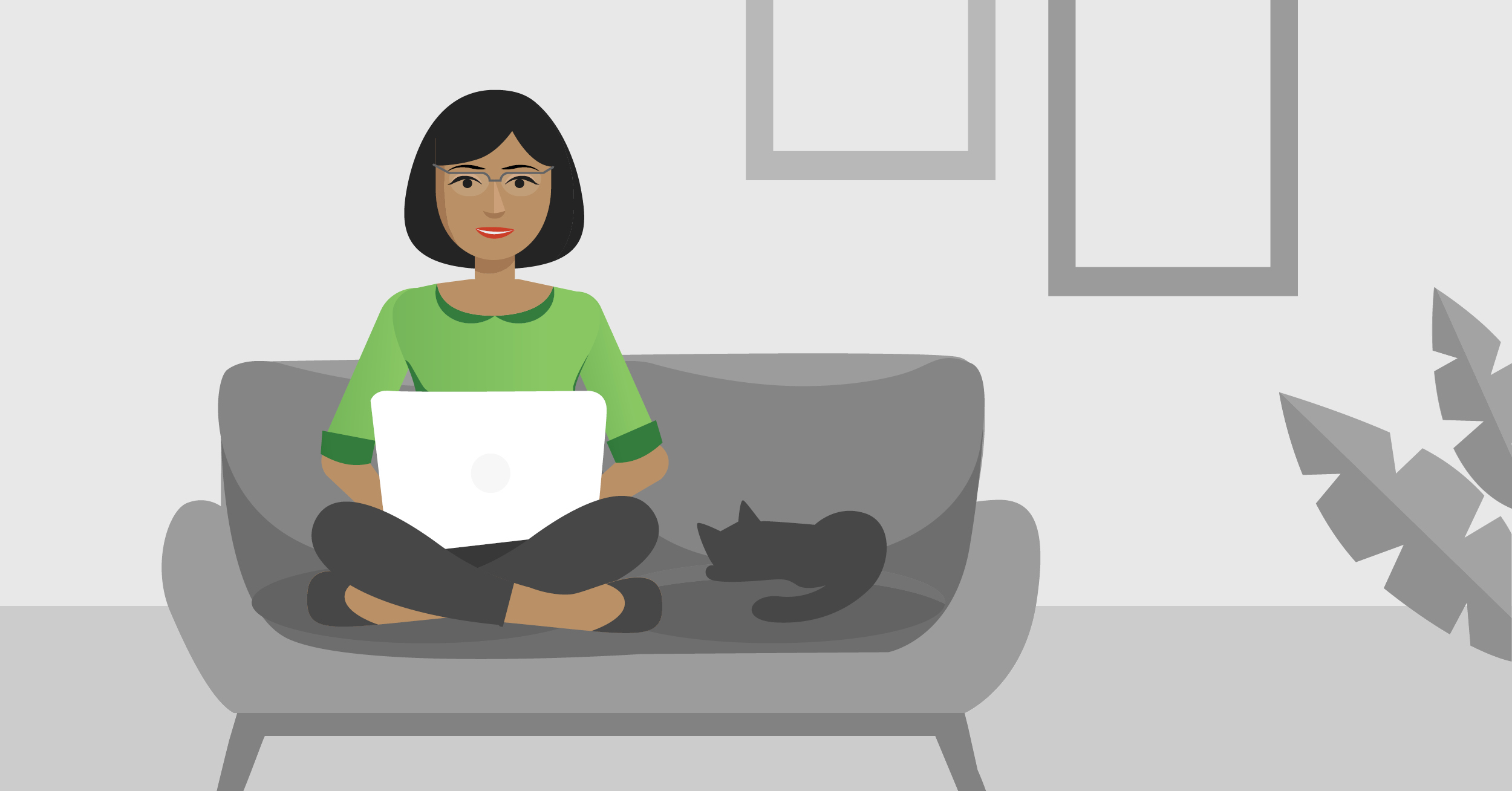 illustration-of-woman-seated-on-couch-while-working-on-laptop-with-cat-sleeping-next-to-her