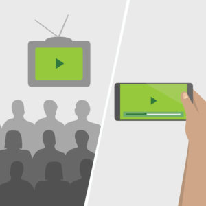 Illustration of people watching video on screen in classroom vs watching video on mobile phone